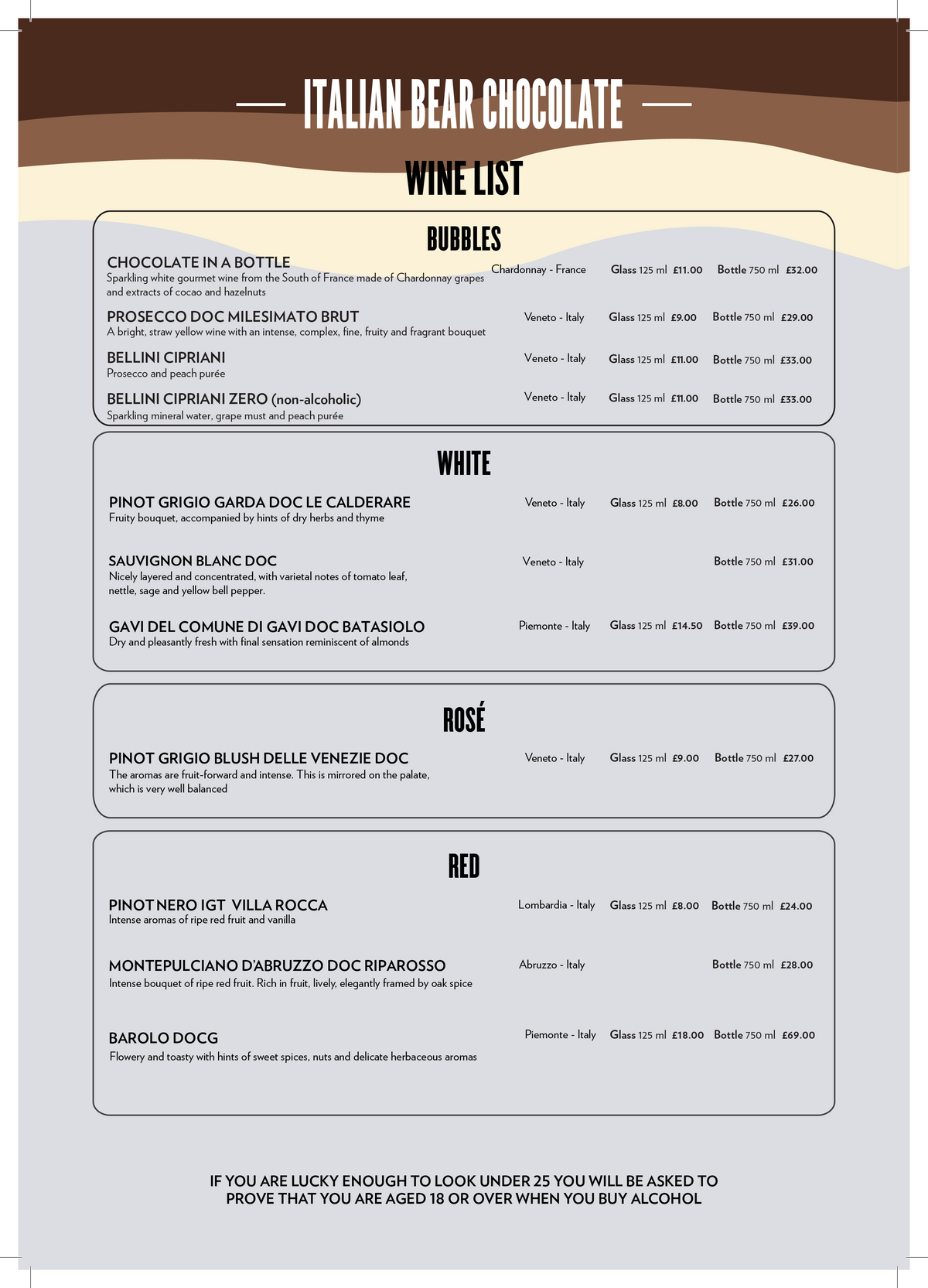 Italian Bear Chocolate wine list — sparkling, white, rosé and red wines with region, tasting note, glass and bottle prices