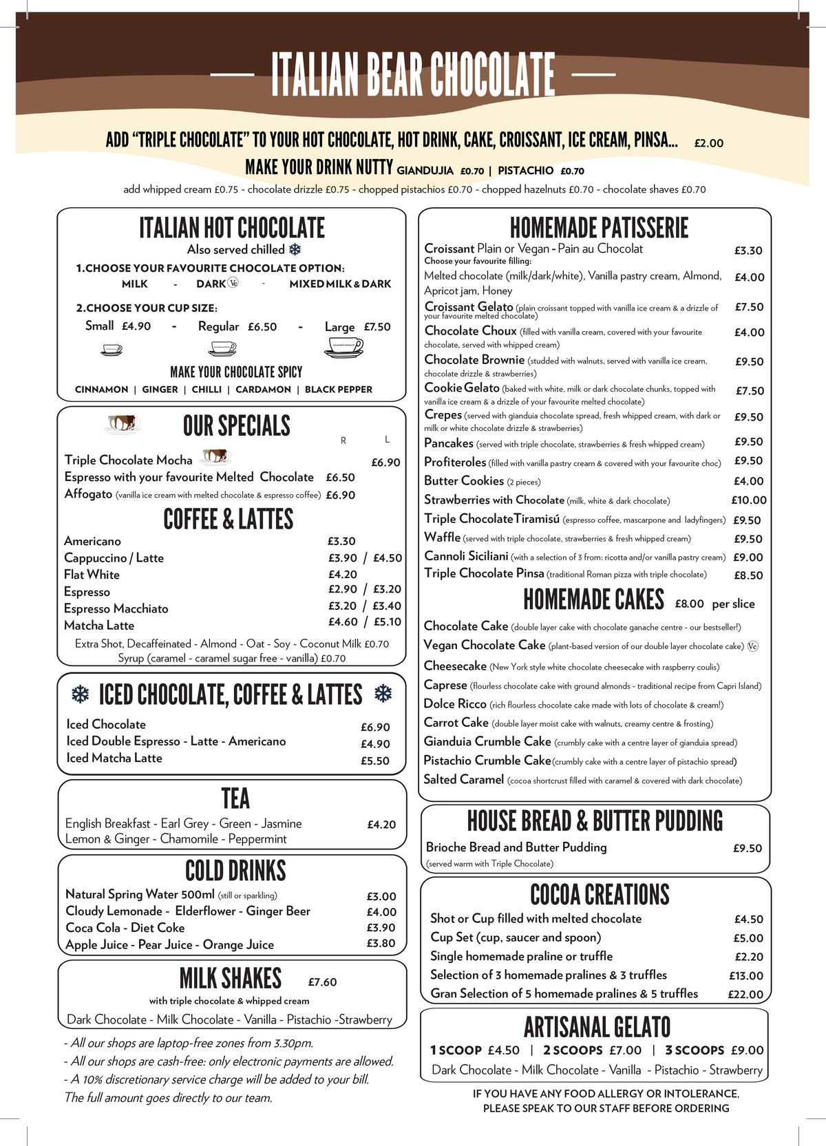 Italian Bear Chocolate menu — Italian hot chocolate, specials, coffee and lattes, iced drinks, milkshakes, tea, cold drinks, homemade patisserie, homemade cakes and artisanal gelato, with prices