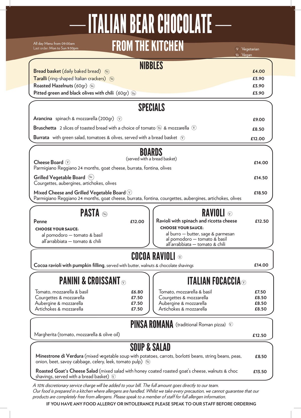 Italian Bear Chocolate kitchen menu — nibbles, specials, boards, pasta, ravioli, cocoa ravioli, panini and croissant, Italian focaccia, pinsa romana, soup and salad, with prices